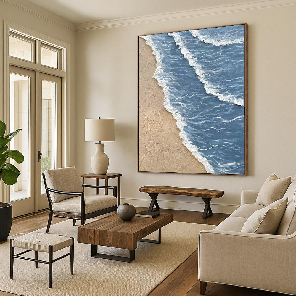 “Blue, White, Beige Textured Shore ‘Serene Coastline’” - Impasto Beach Painting On Canvas DTP333
