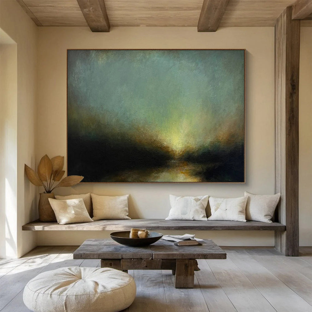 “Moody Green Sky Abstract River” - Atmospheric Landscape Painting On Canvas DKH777