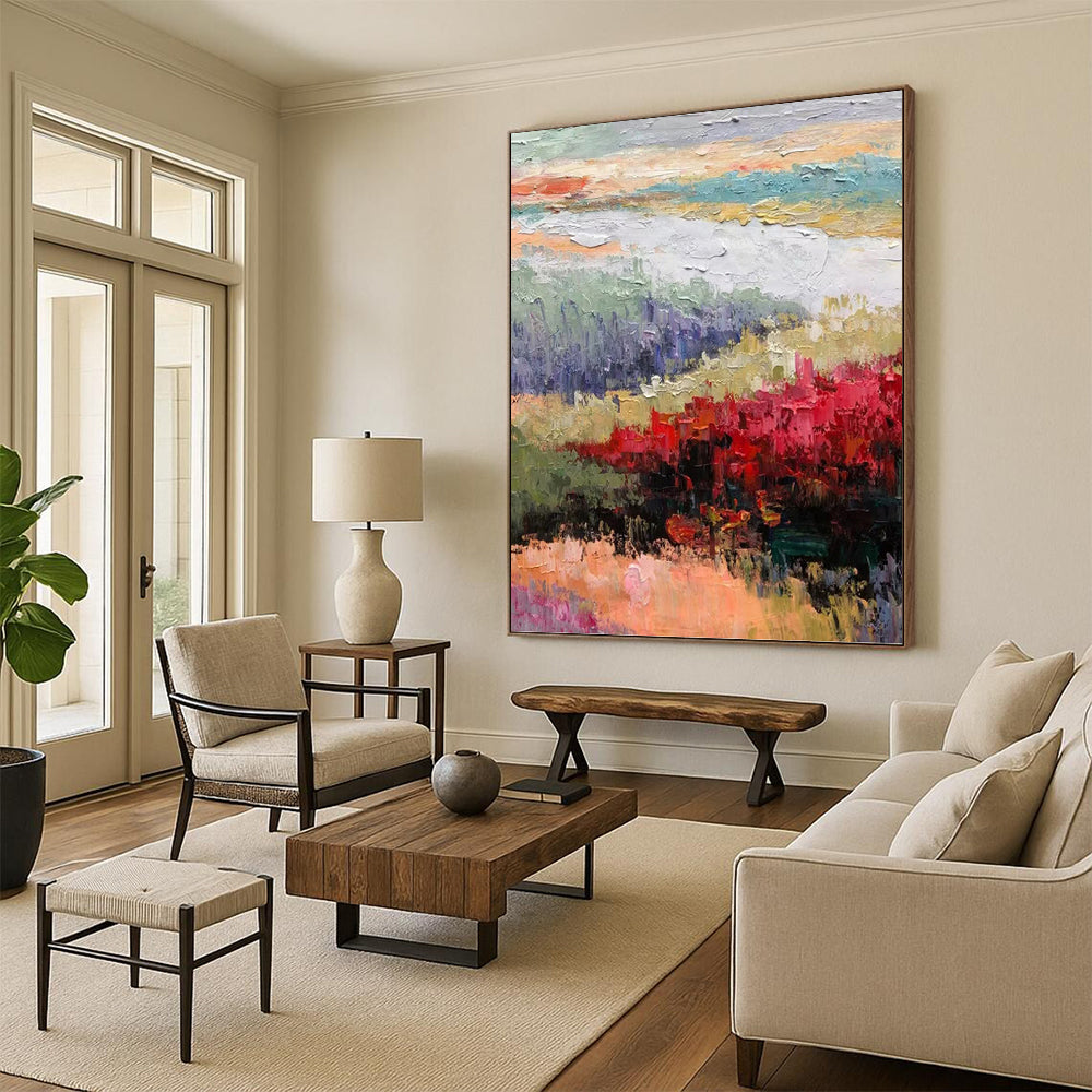 Impressionistic Landscape with Red Blossoms - Landscape Impasto Painting On Canvas DKH1273