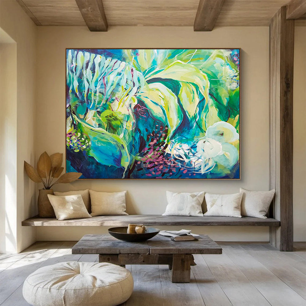Abstract Floral in Green and Blue - Expressive Brushstrokes and Nature - Inspired Forms Painting On Canvas DKH055