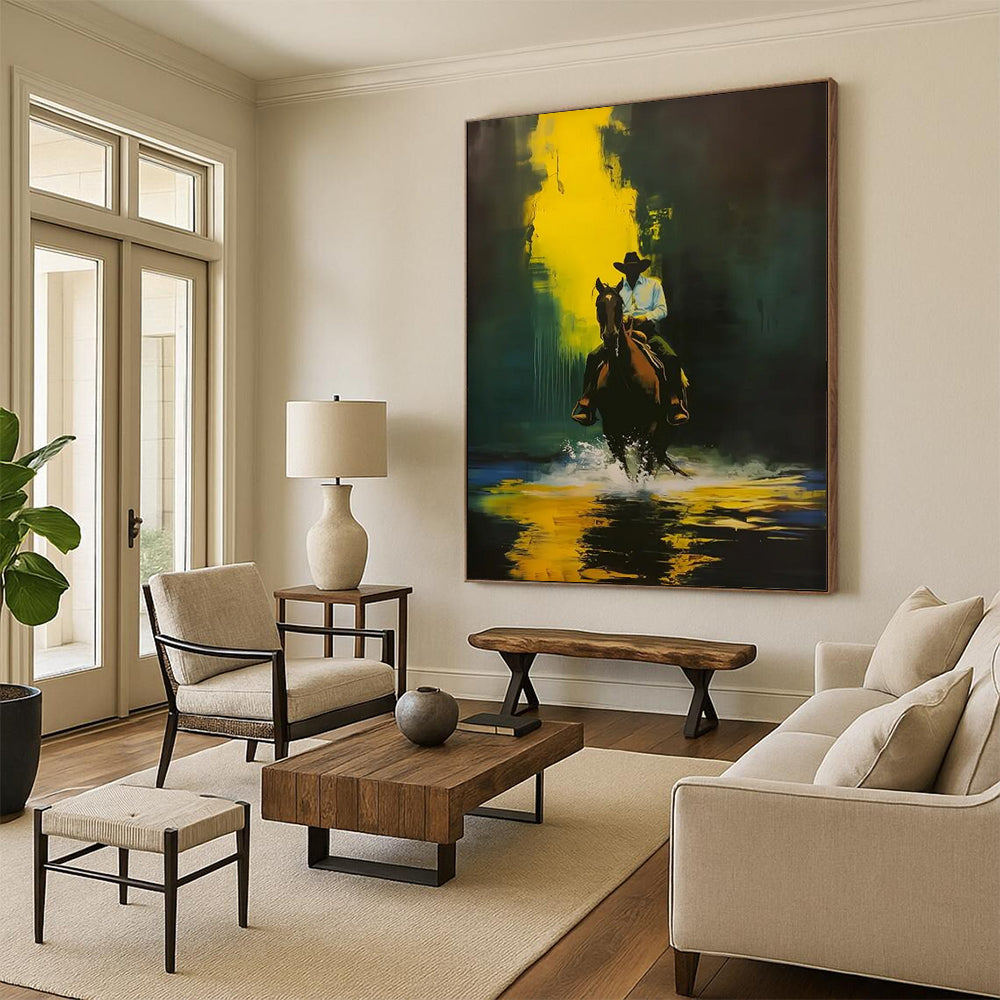 “Cowboy on Horse in Yellow - Green” - Dramatic Western - Inspired Painting On Canvas DTP104