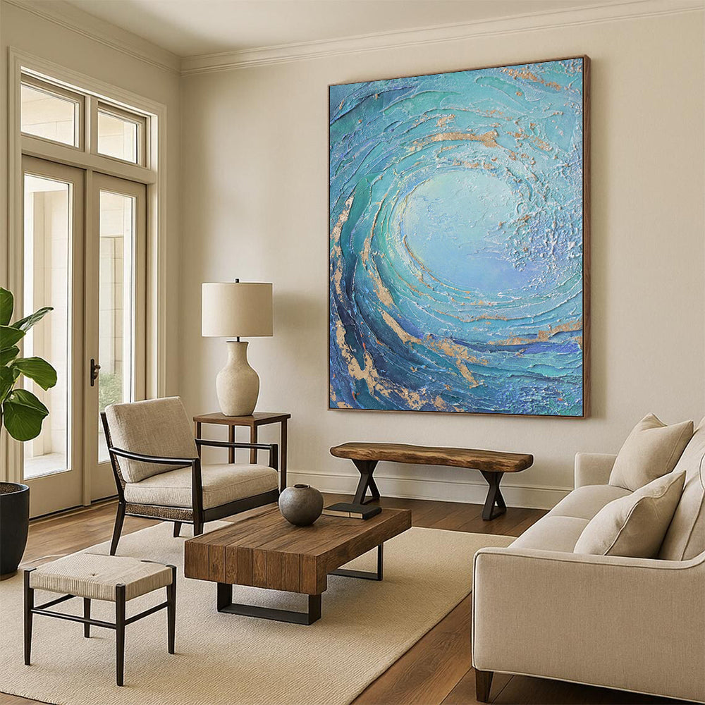 “Blue, Green, Gold Swirling Vortex ‘Oceanic Energy’” - Impasto Sea - Inspired Painting On Canvas DTP332