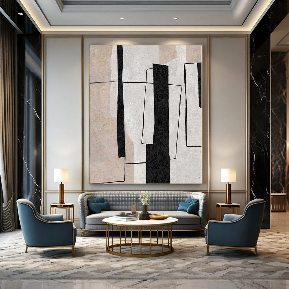 “Black - White - Beige Geometric Layers” – Geometric Abstract Painting CT1159