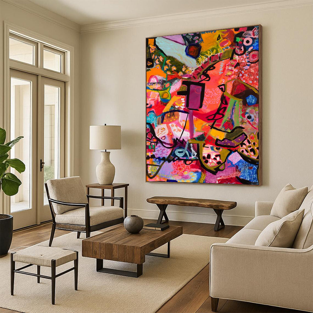 “Pink - Purple Abstract Fusion” - Pink, Purple, Orange Energetic Forms Painting On Canvas DTP295