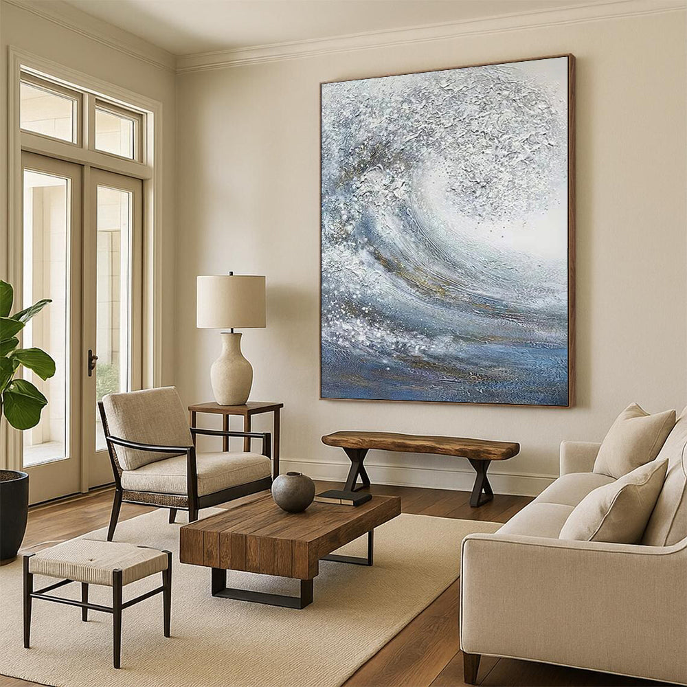 “Blue, White, Gold Swirling Wave ‘Celestial Sea’” - Impasto Sea & Gold Painting On Canvas DTP337