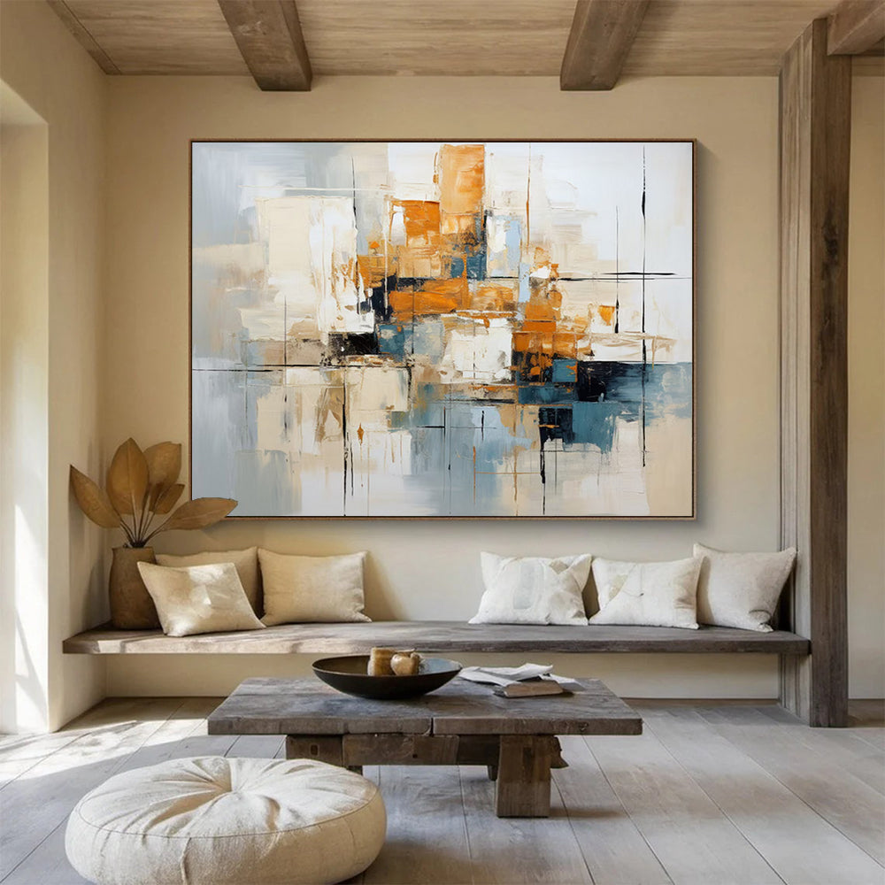 “Blue, Orange, Gray Urban ‘Metro Melody’” - Abstract Cityscape Painting On Canvas DLZ006