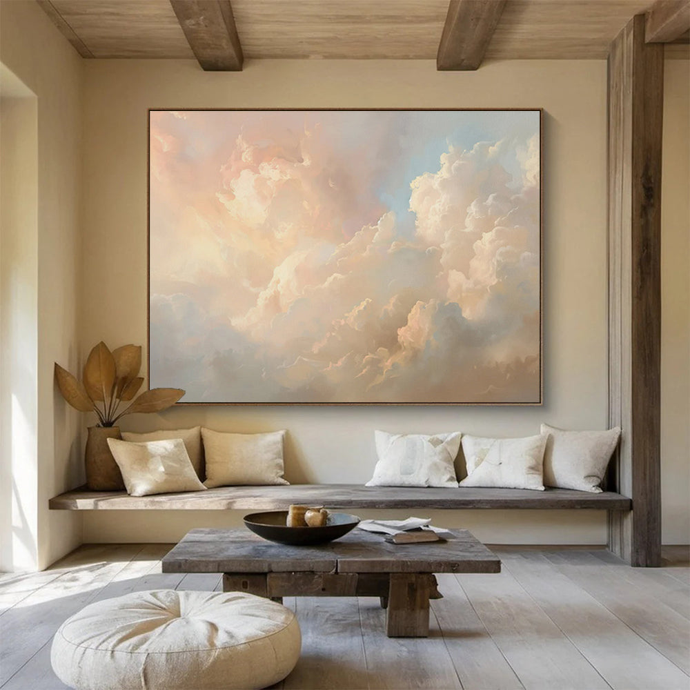 Heavenly Clouds Pink Beige Cloud Filled Sky Painting On Canvas DKH209