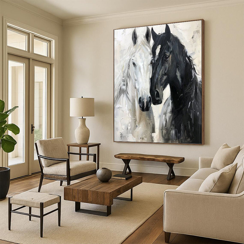 Black and White Horse Duet - Expressive Equine Painting On Canvas DKH1401