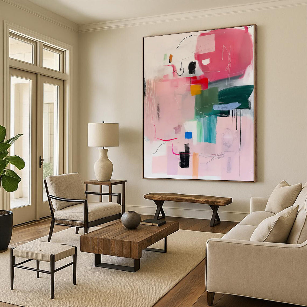 “Pink - Dominant Abstract Composition” - Pink, Green, Blue & Yellow Modernist Painting On Canvas DKH0998