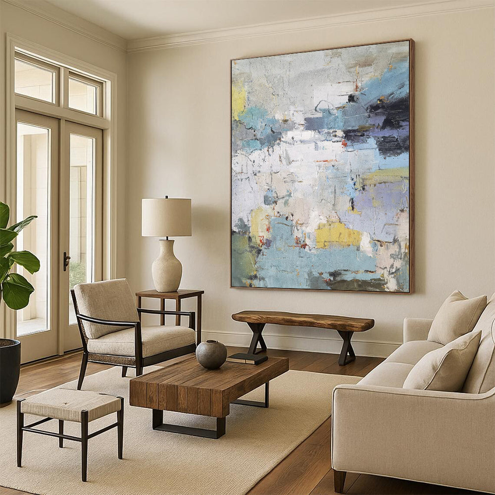 “Blue, Gray, Yellow Abstract Cityscape ‘Urban Hues’” - Textured Abstract Painting On Canvas DTP312