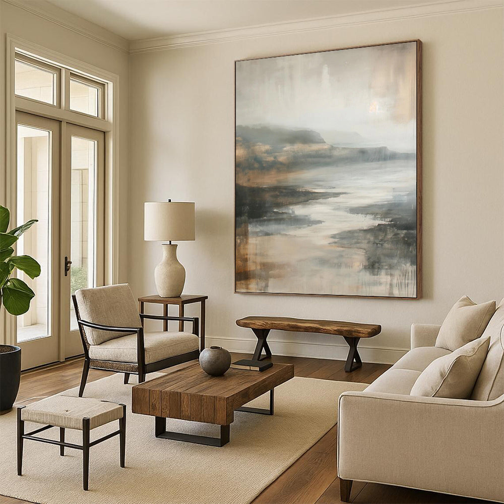 “Muted Tonal Landscape” - Gray, Brown & Beige Impressionistic Seaside Painting On Canvas DKH1001