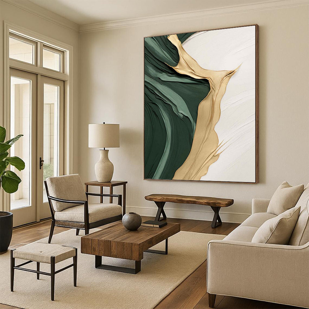 Emerald Green, Gold, and White Textured Abstract - Abstract Painting On Canvas DKH1496
