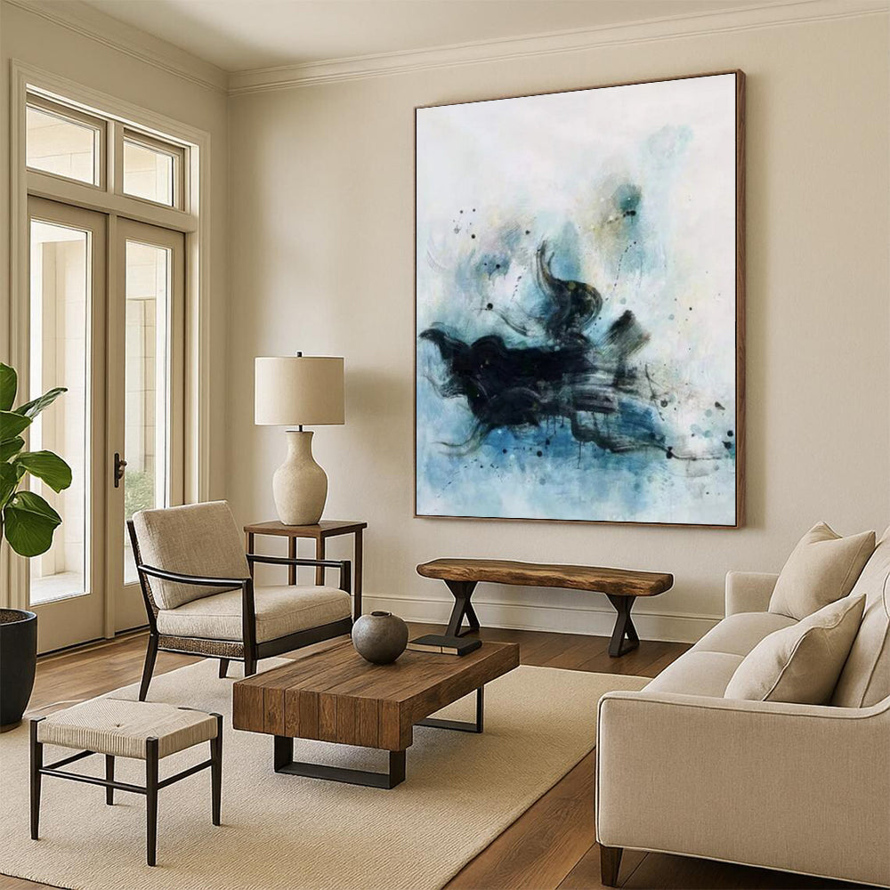 Black, Blue & White Ink - Like Flow - Abstract Painting On Canvas CT2305