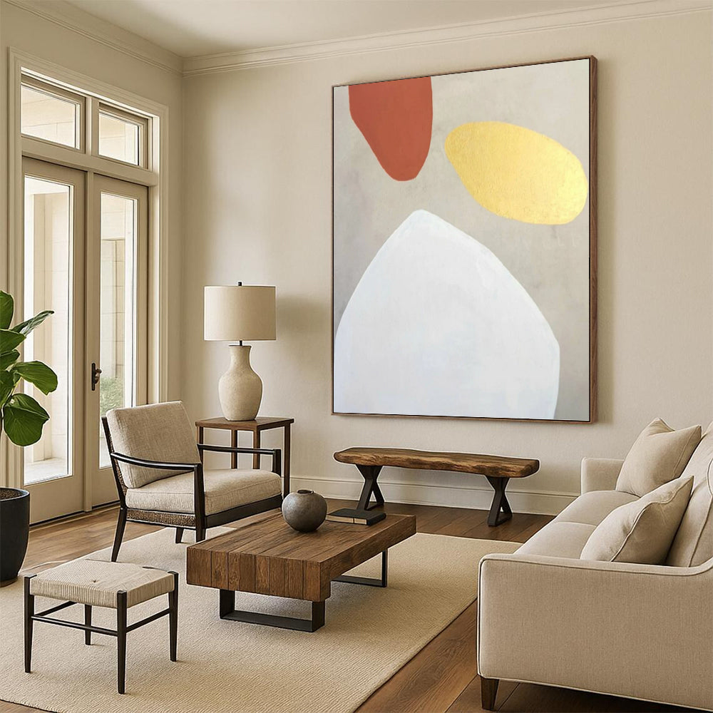 “Terracotta, Gold, and White Shapes” - Minimalist Abstract Painting On Canvas DKH1078