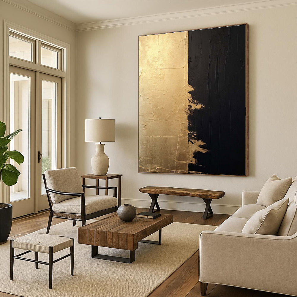 “Gold and Black Contrast, Textured Edges” - “Elegant Duality”,Abstract Oil Painting CT0690