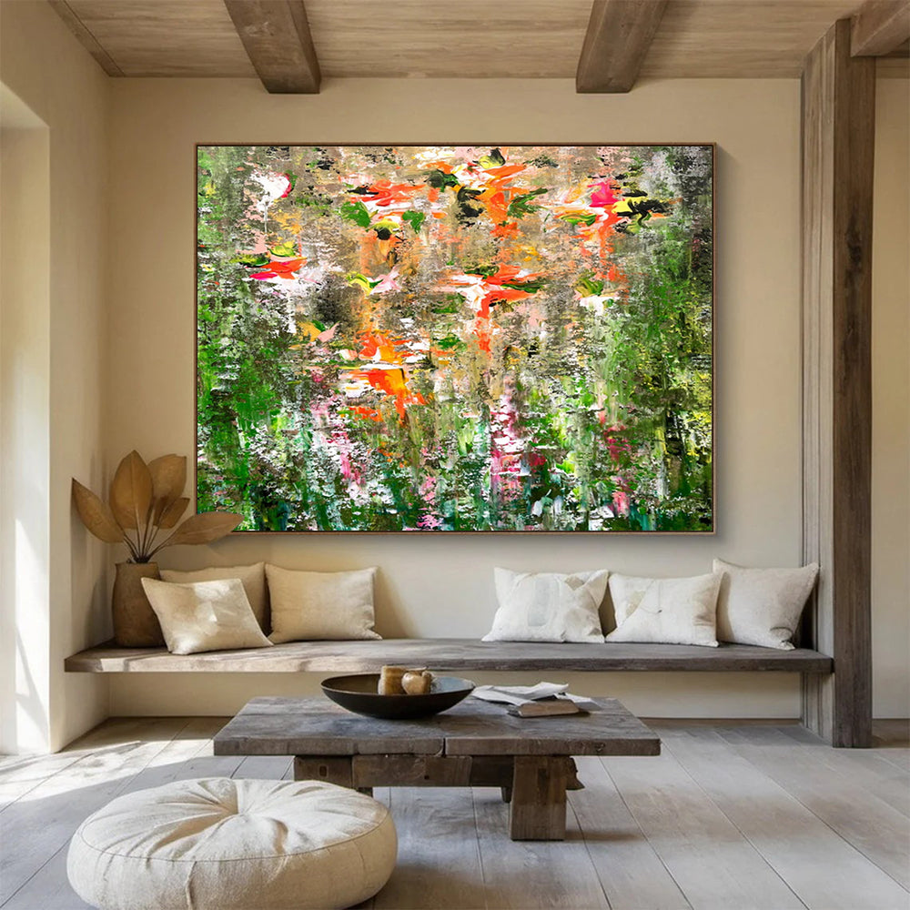 “Blossom Burst in Earthy Hues” - Green, Orange & Pink Floral Abstract Painting On Canvas DKH922