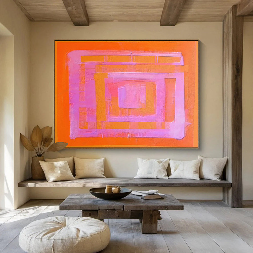 “Orange & Pink Geometric Layers” Minimalist Abstract Painting On Canvas DKH368