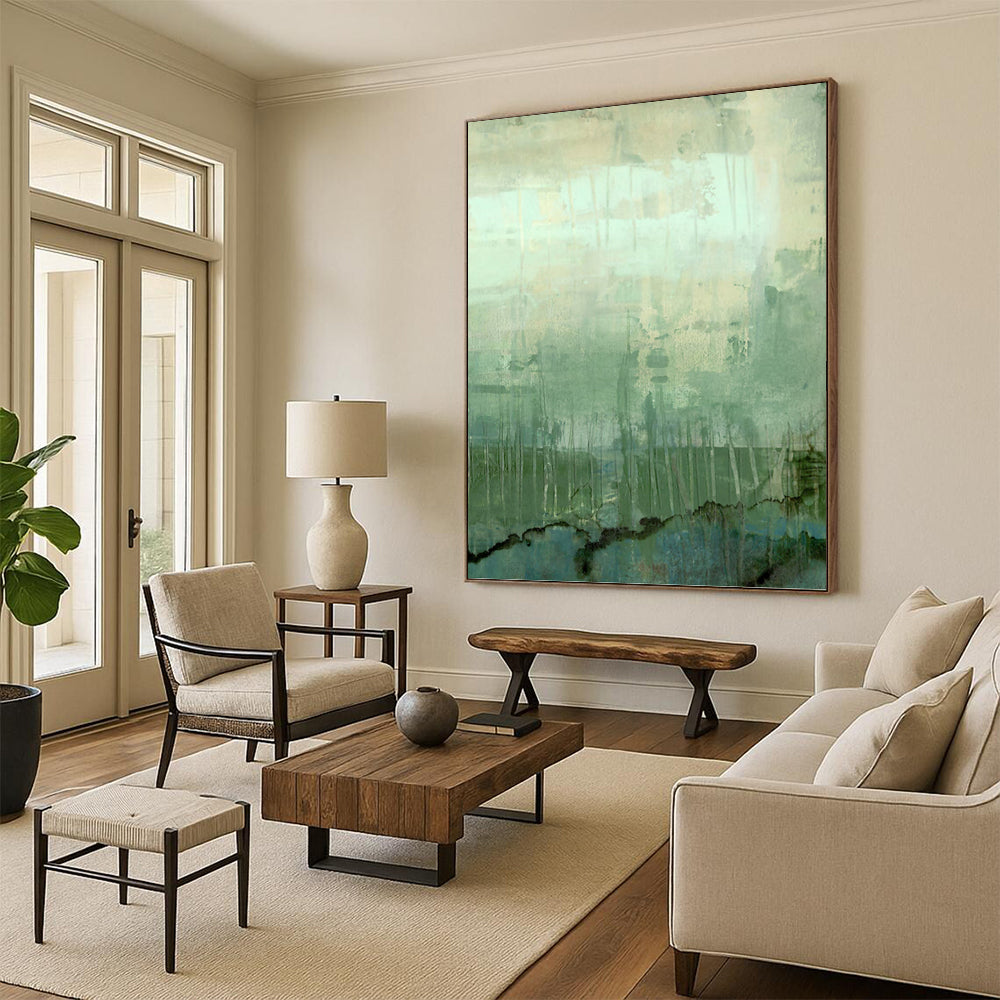 “Green - Blue Abstract Landscape” - Green, Blue & Gray Textured Painting On Canvas DKH0952