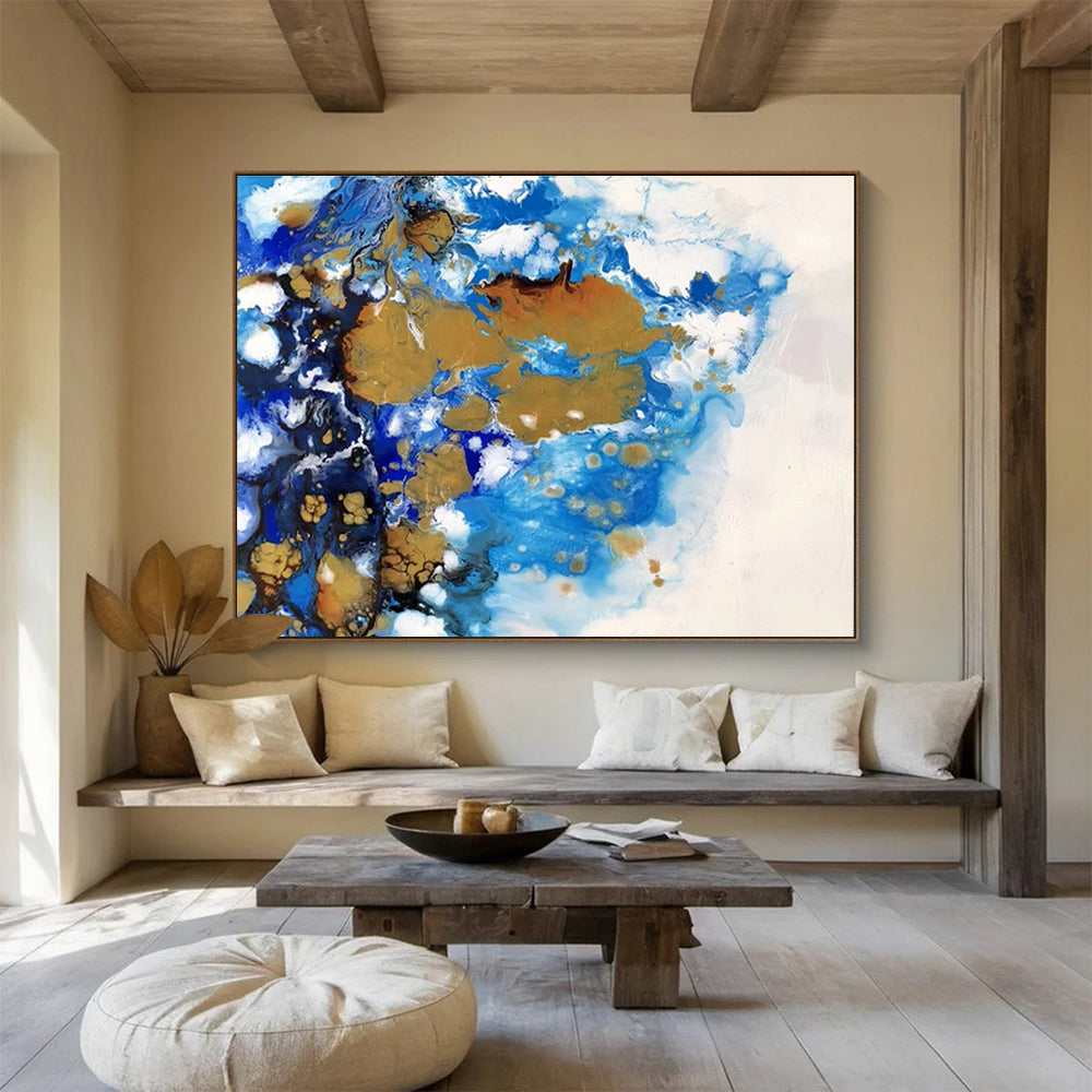 “Blue, Gold, and White Fluid Abstract” Painting On Canvas DKH167