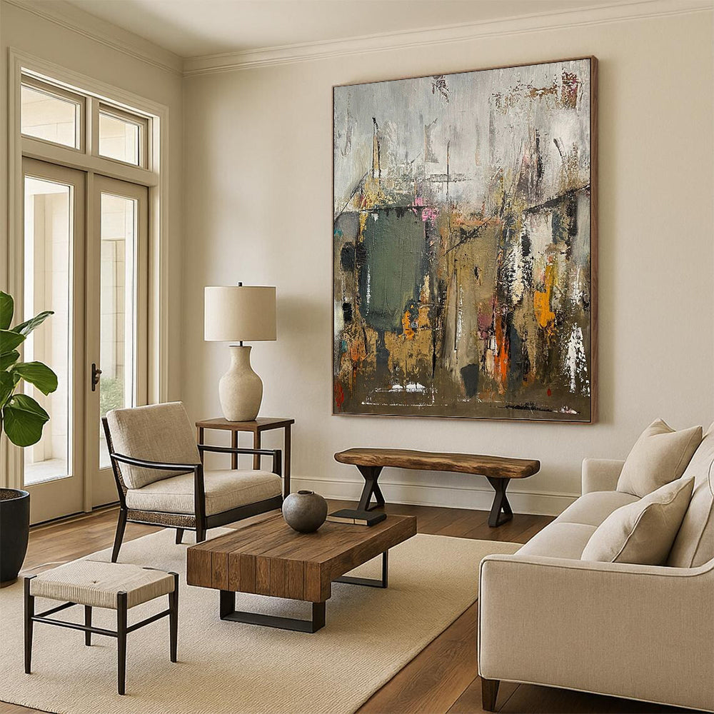 “Urban Abstract Layers” - Gray, Green, Orange & Pink Abstract Cityscape Painting DKH1038