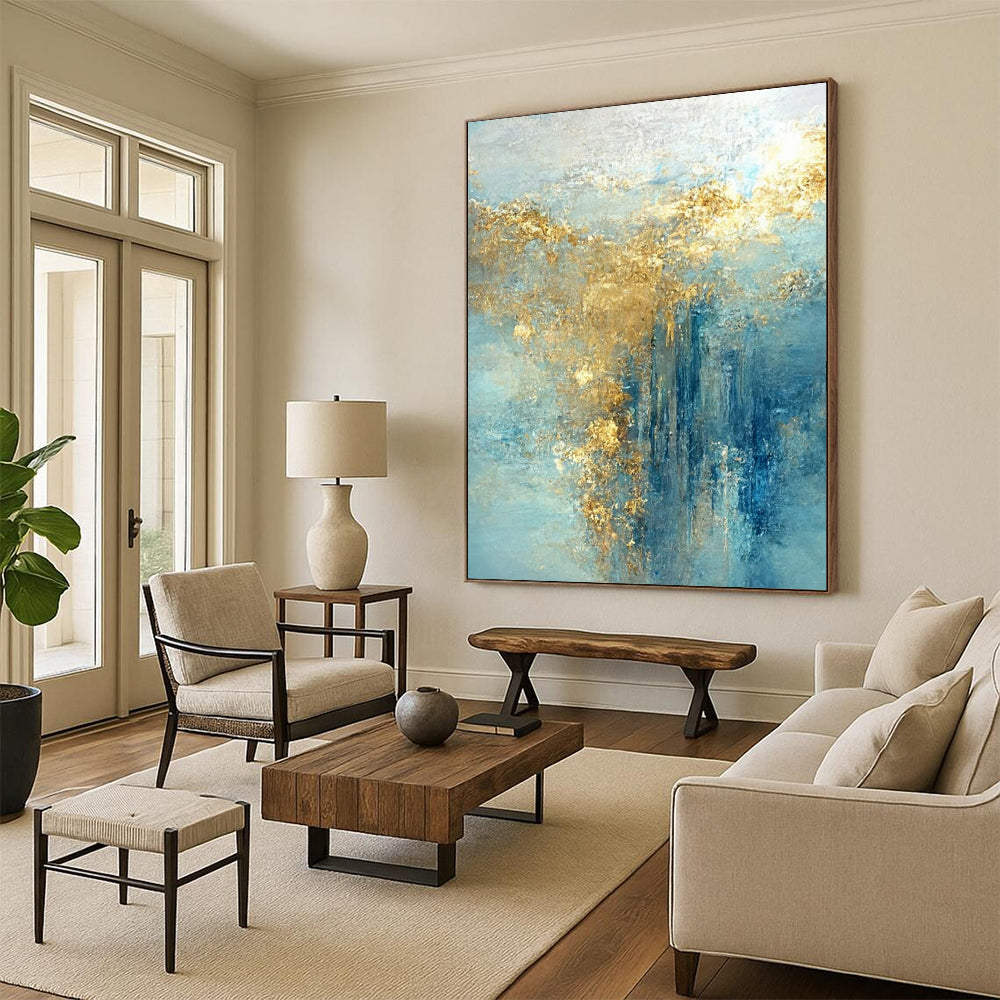 “Azure - Gold Abstract Cascade” - Abstract Expressionist Painting On Canvas DTP063