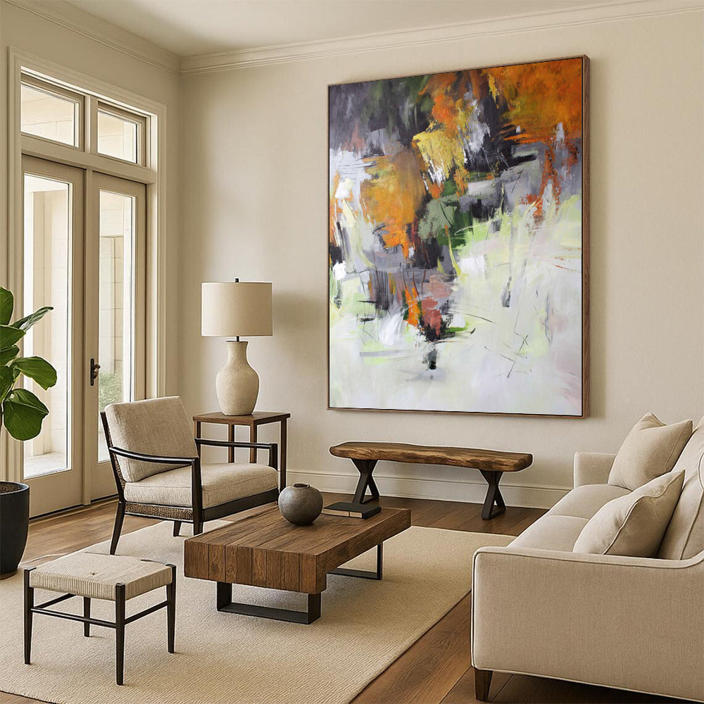 “Autumn - Hued Abstract Landscape” - Orange, Green, Gray & White Seasonal Painting On Canvas DKH1021