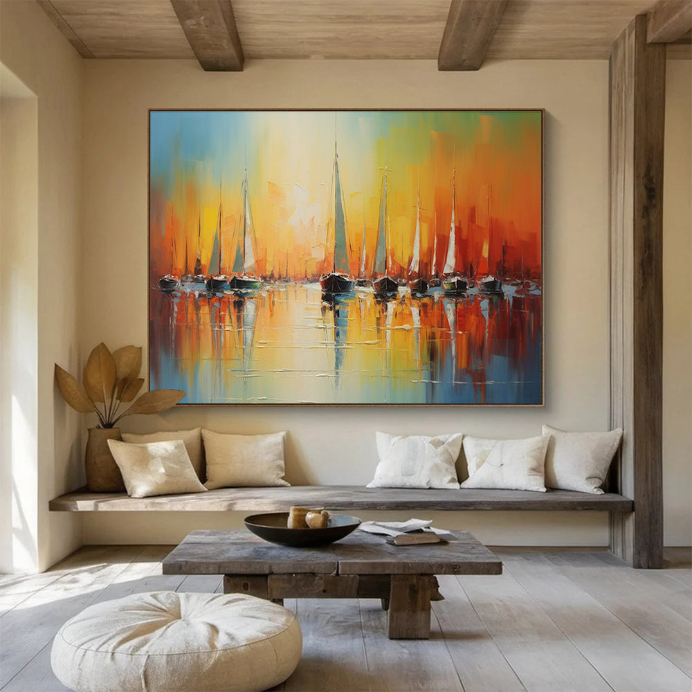“Sunset Harbor - Vibrant Orange & Blue Sailboats Painting On Canvas” DKH864