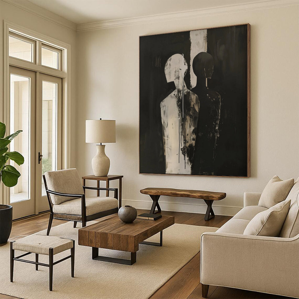“Black and White Abstract Figures” - Modernist Acrylic Art CT1930