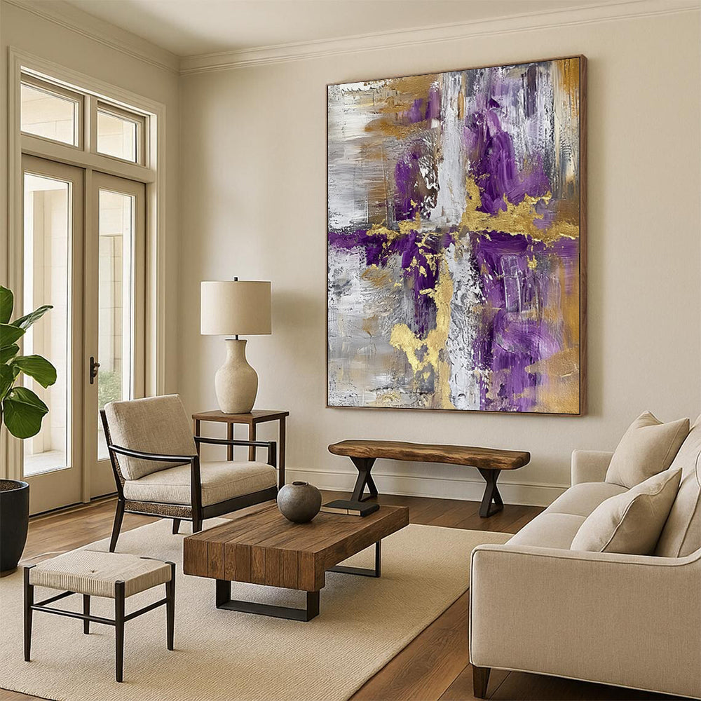 “Purple - Gold Geometric Abstraction” - Modernist Abstract Painting On Canvas DTP135