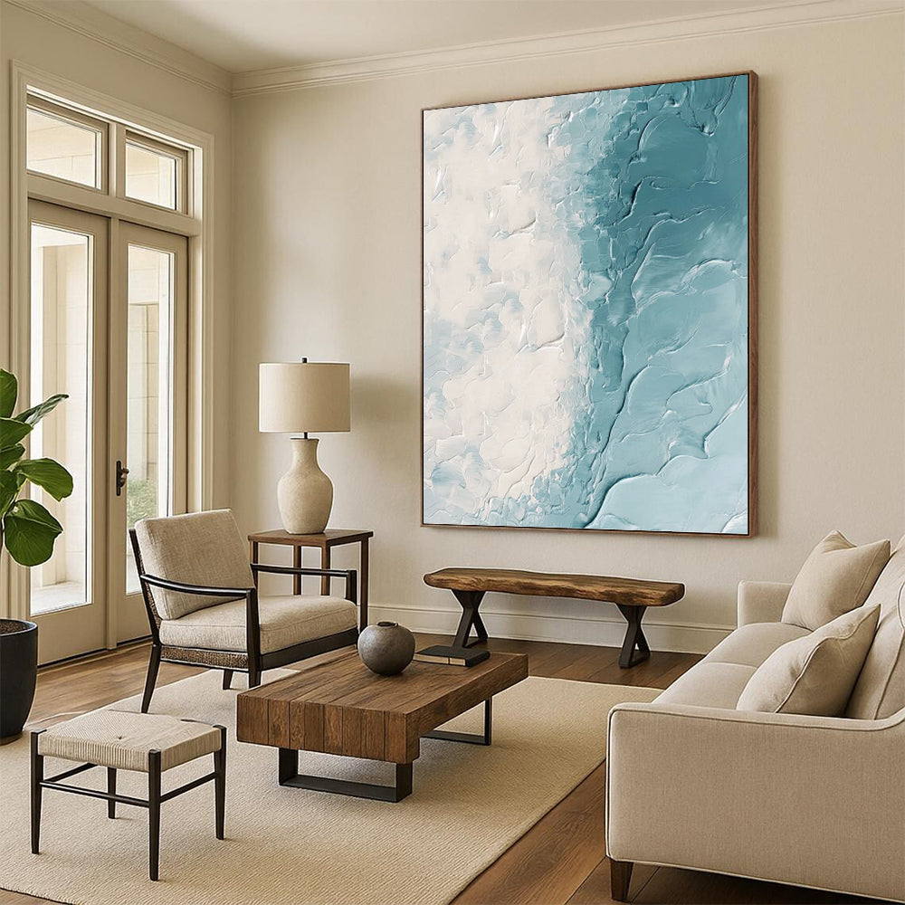 White & Teal Textured Flow - Abstract Impasto Painting On Canvas DKH1250