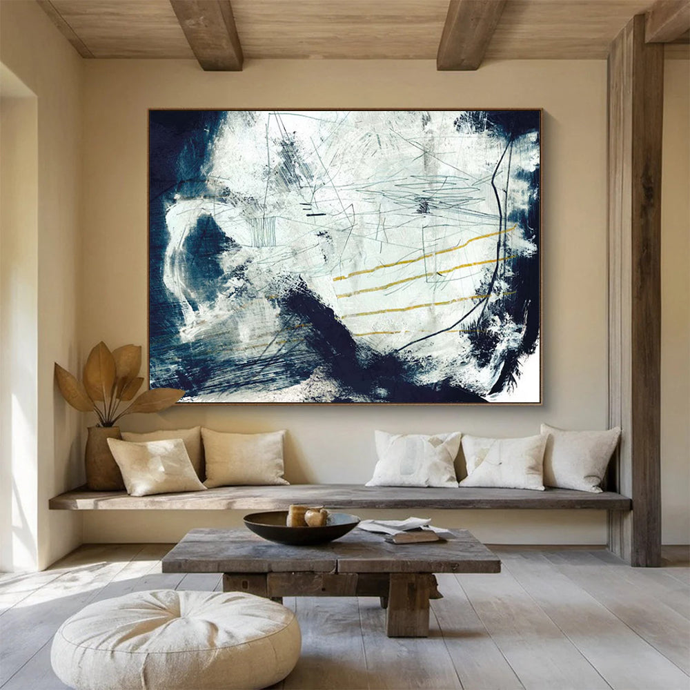 “Blue - White Abstract with Yellow Accents” Abstract Expressionist Painting On Canvas DLZ141