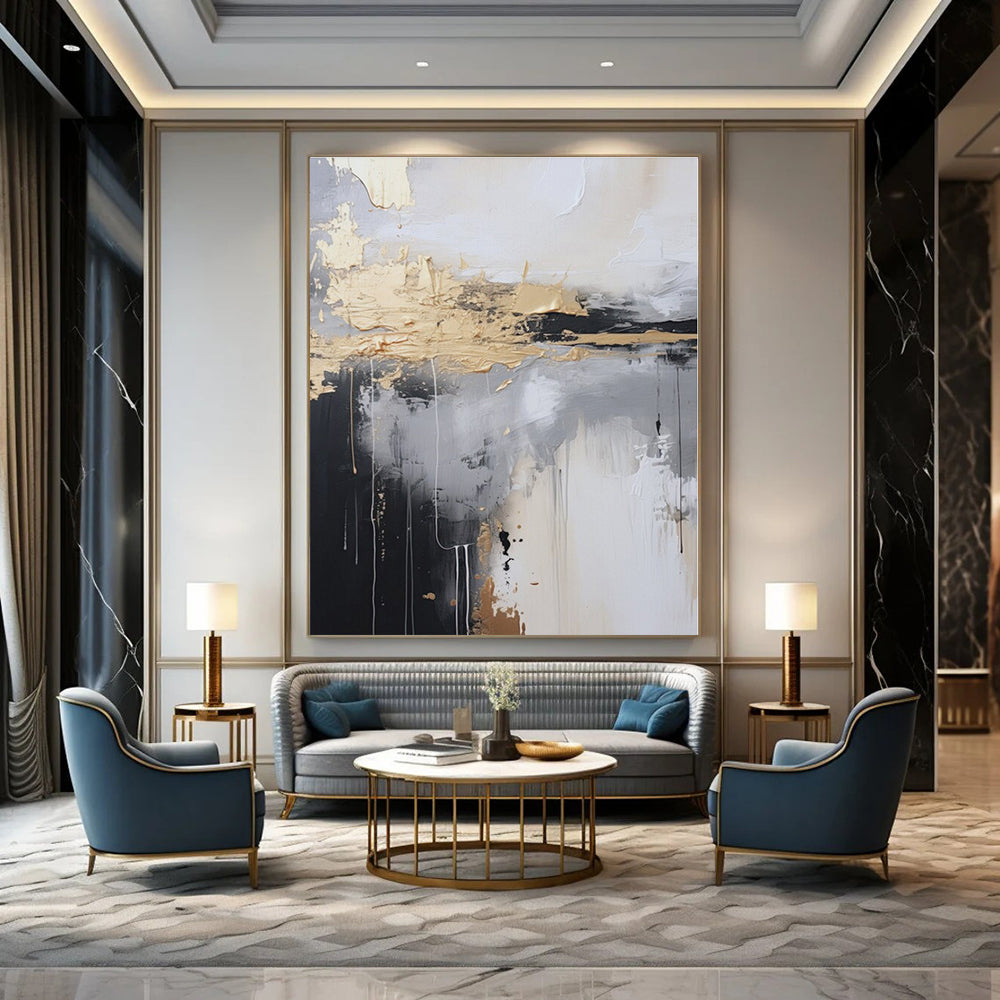 Black - White - Gold Abstract Drips - Abstract Expressionist Acrylic Painting CT1399