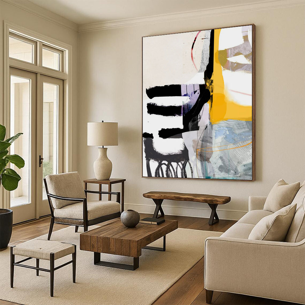 “Black, Yellow, Purple & White Collage - Style Abstract” - Abstract Painting On Canvas CT2313