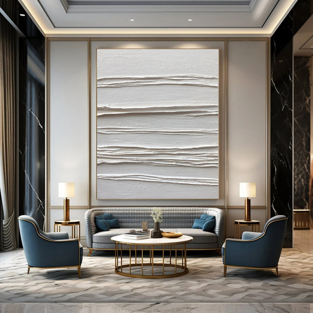 White Textured Linear Abstraction - Minimalist Textured Acrylic On Canvas CT1347