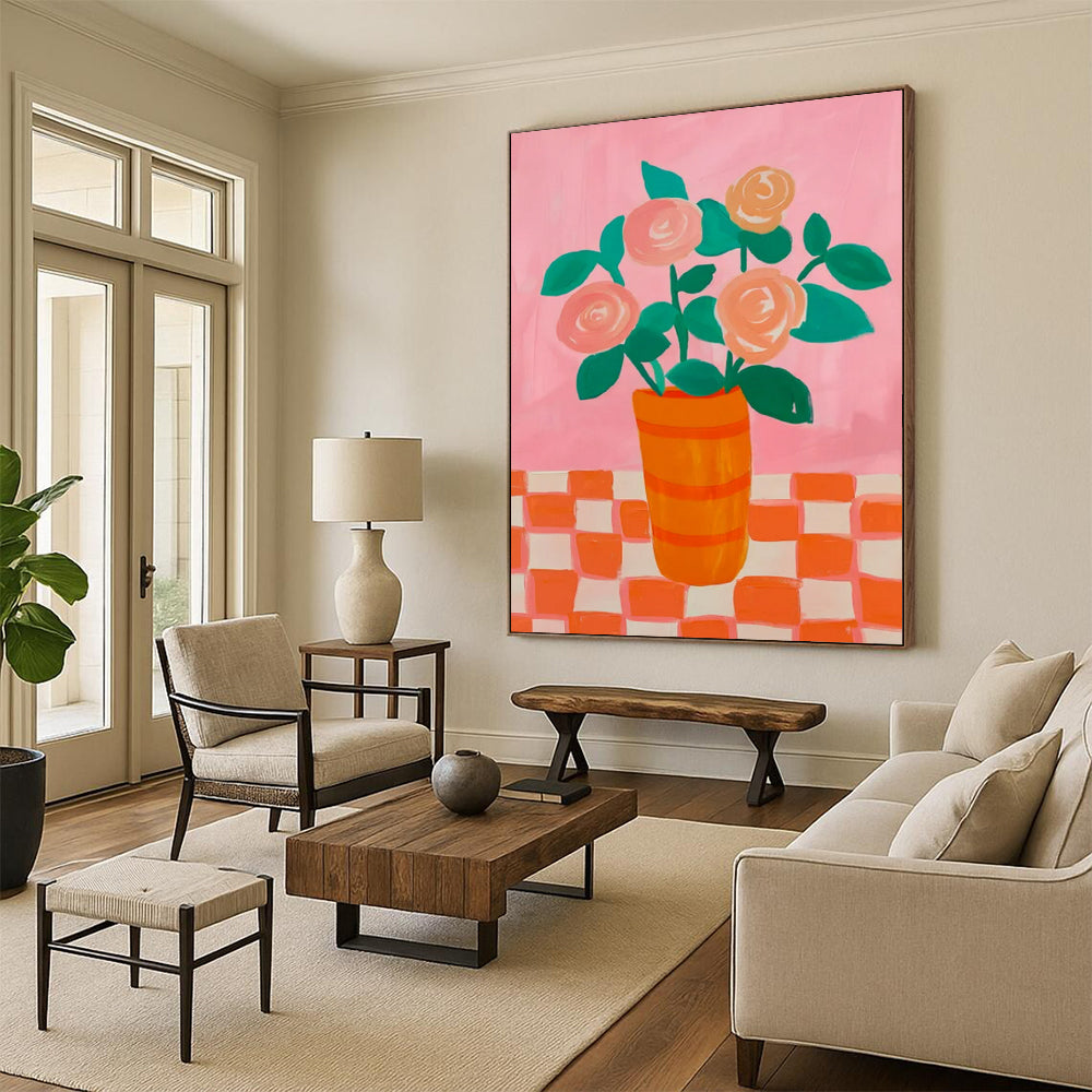 Pink & Orange Floral Vase - Folk - Art - Inspired Still - Life Painting On Canvas CT2258