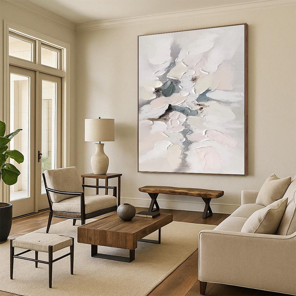 “Soft Impasto Blooms” - White, Gray & Blue Textured Abstract Painting On Canvas DKH1174