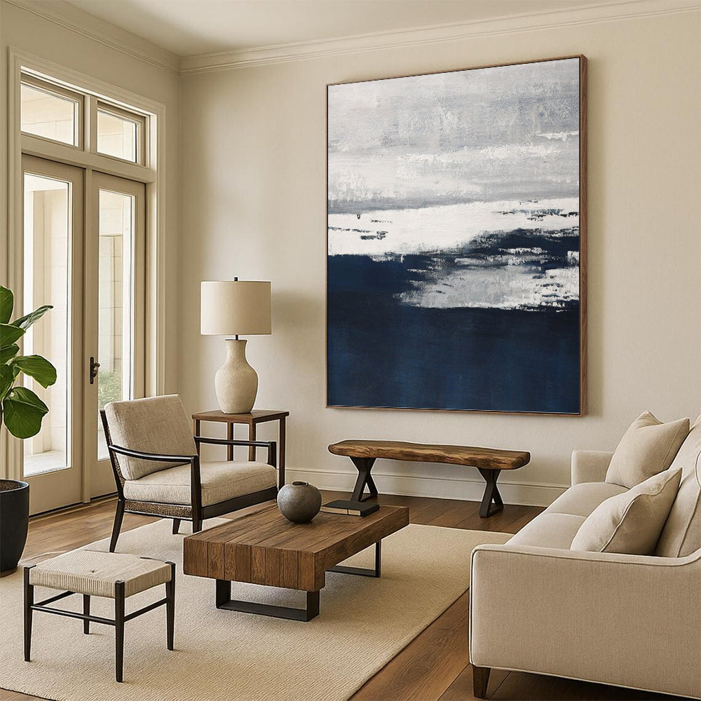 “Moody Horizons” - Gray, White & Navy Abstract Landscape - Inspired Painting On Canvas DKH1540