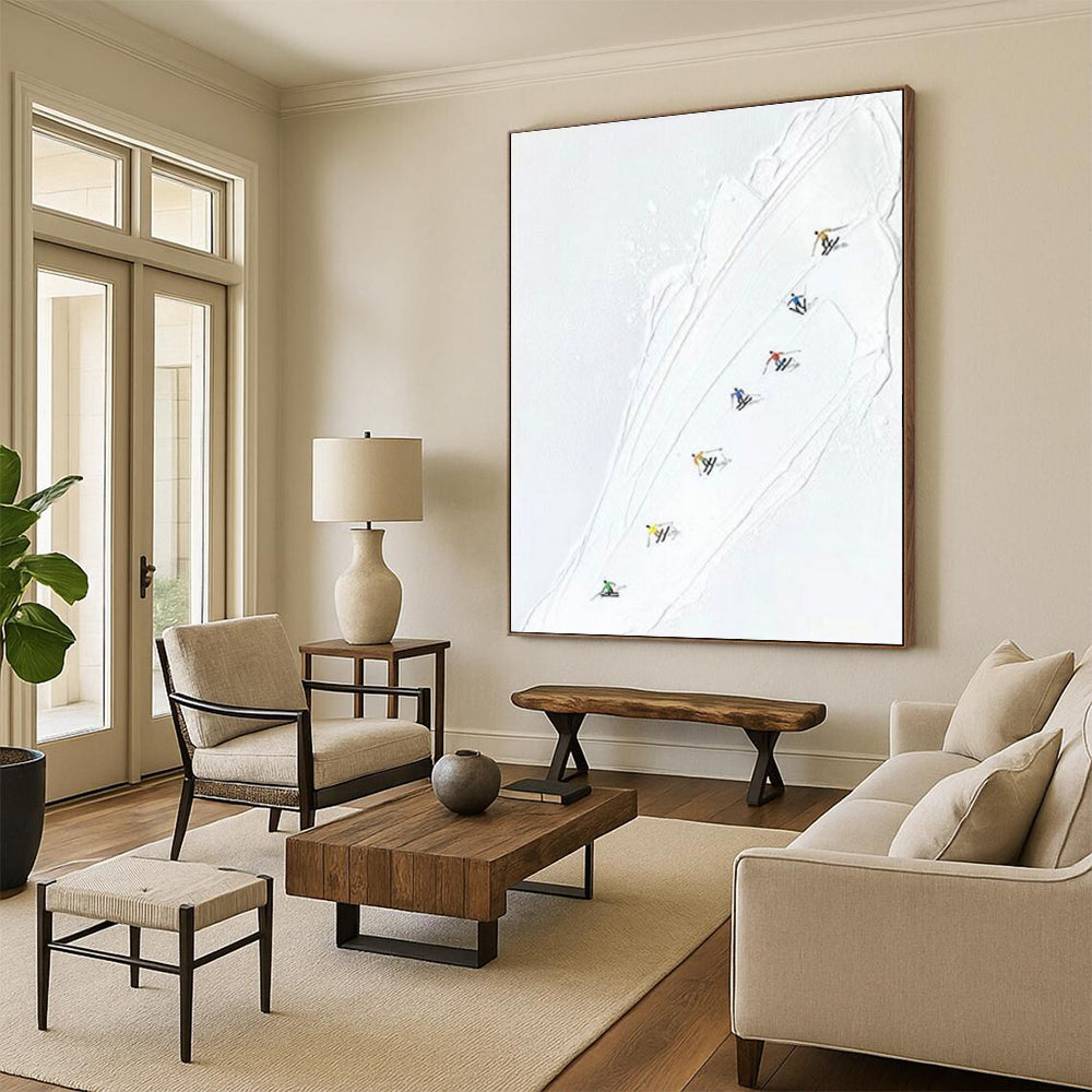 White - based Ski Slope with Colorful Skiers, “Ski Trail Joy” - Minimalist Figurative Acrylic Painting CT0734