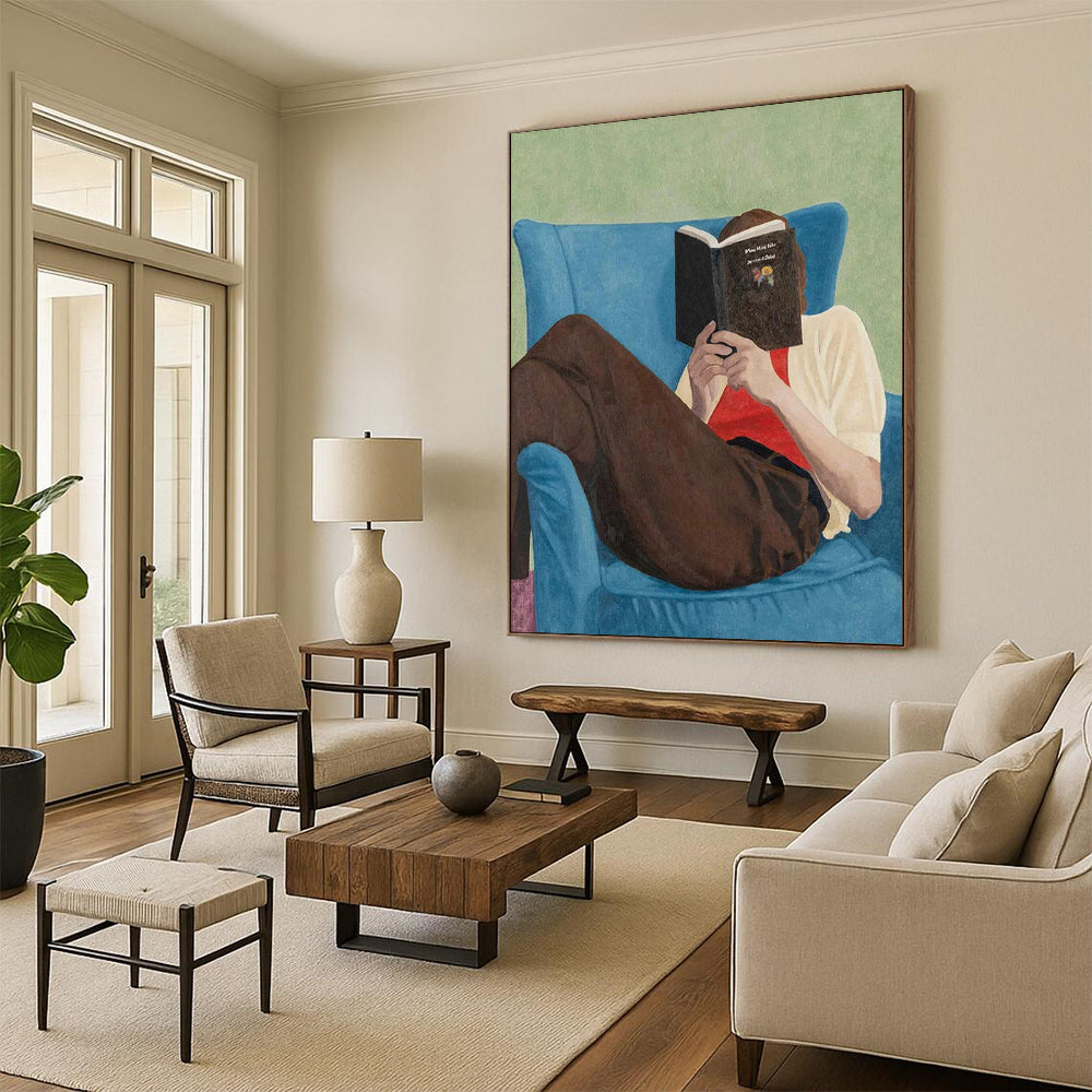 “Figure Reading on Blue Chair” - Green, Blue, Brown Figurative Painting On Canvas DTP303
