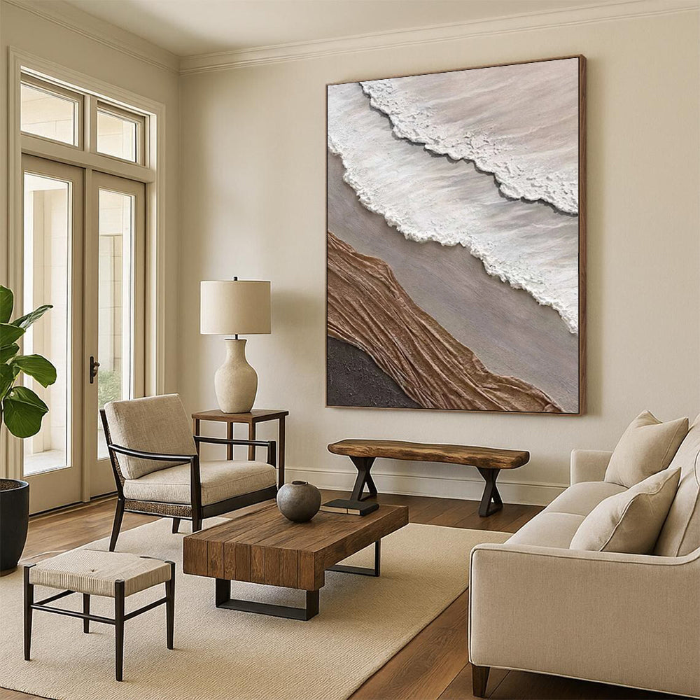“White, Brown, Gray Textured Coast ‘Eroded Elegance’” - Mixed - Media Beach Painting On Canvas DTP344