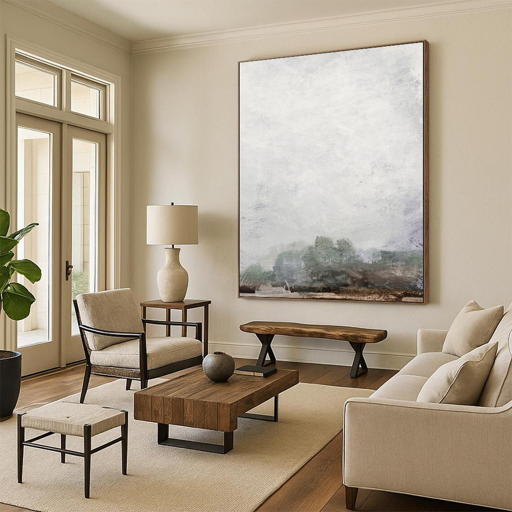 “Foggy Gray Horizon” - Gray, Green Abstract Landscape Painting On Canvas DTP222