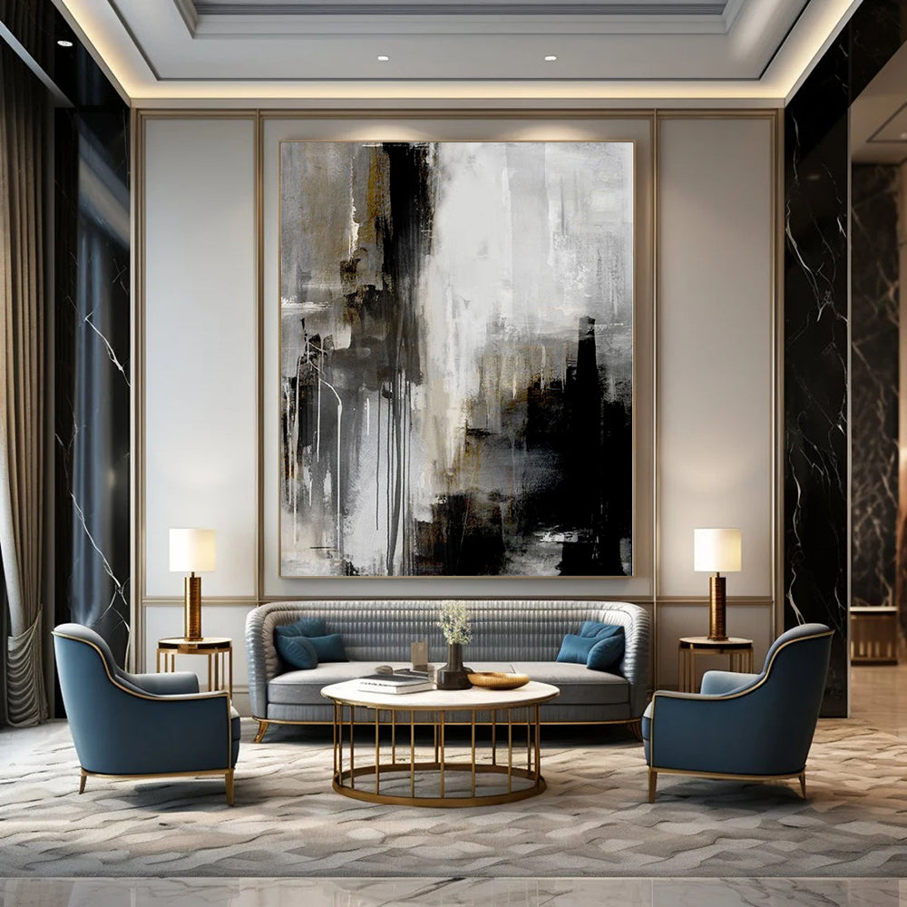 “Gray - Black - Gold Abstract Drips” – Abstract Expressionist Painting CT1156