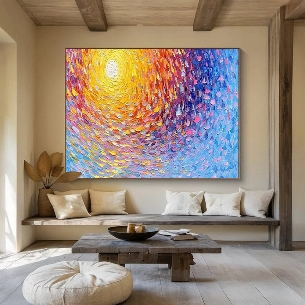 Colorful Spiral Sun - Yellow, Orange & Blue Abstract Painting On Canvas DKH881