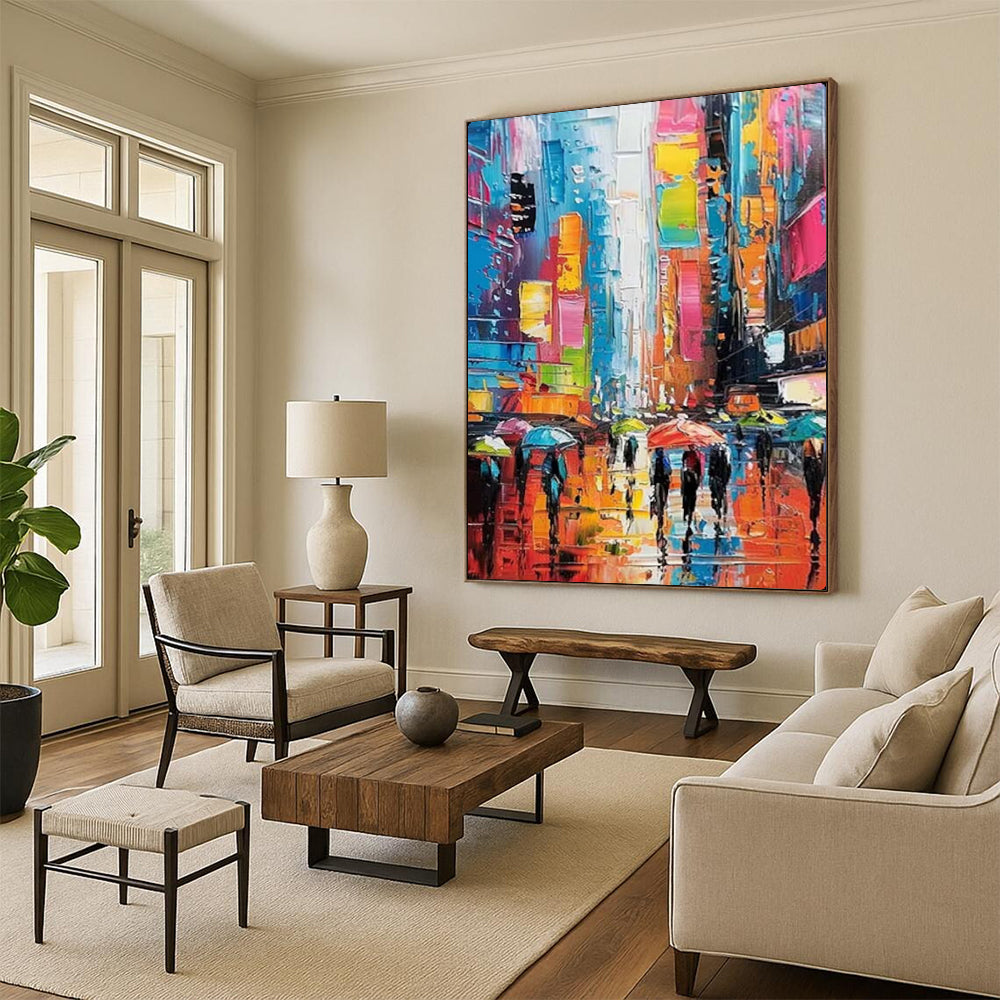 “Colorful Urban Rainy Street” – Impressionistic Cityscape Oil Painting On Canvas CT2141
