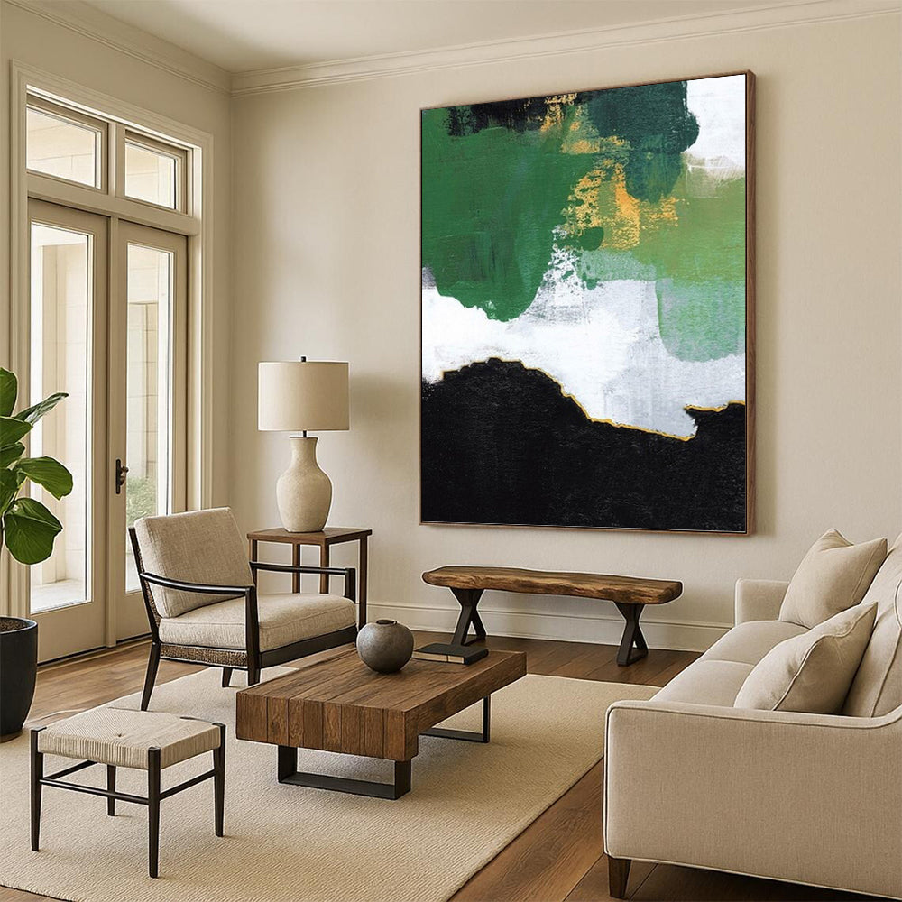 “Green, Gold & Black Abstract Layers” - Green, Gold, Black & White Abstract Painting On Canvas DKH1222