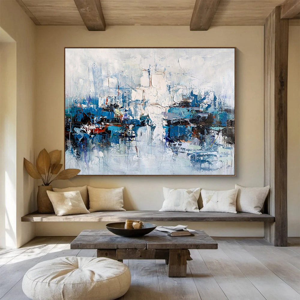 “Blue and White Abstract Harbor” Painting On Canvas DKH162