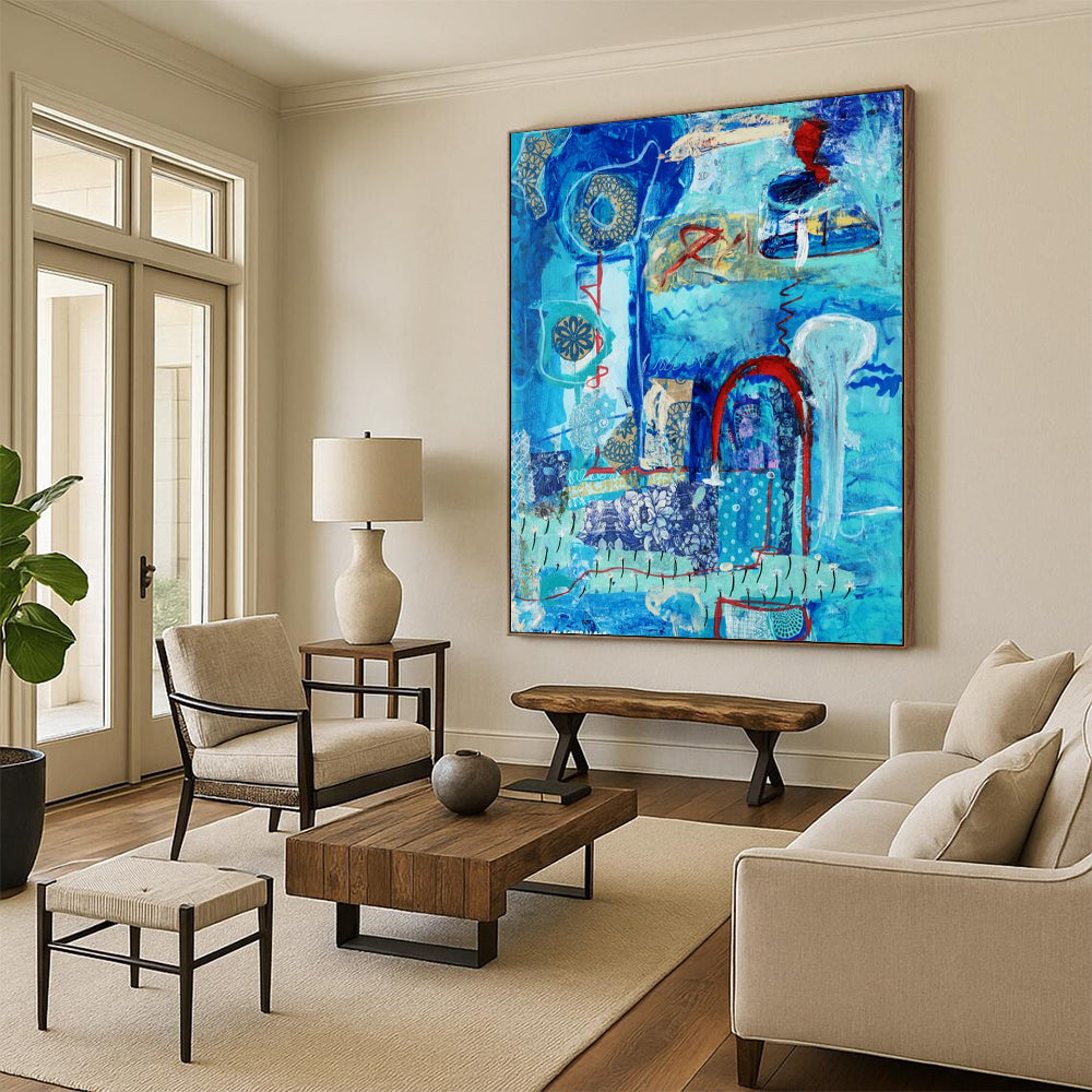 “Blue - Themed Abstract Collage” - Blue, Red, Gold Intricate Forms Painting On Canvas DTP296