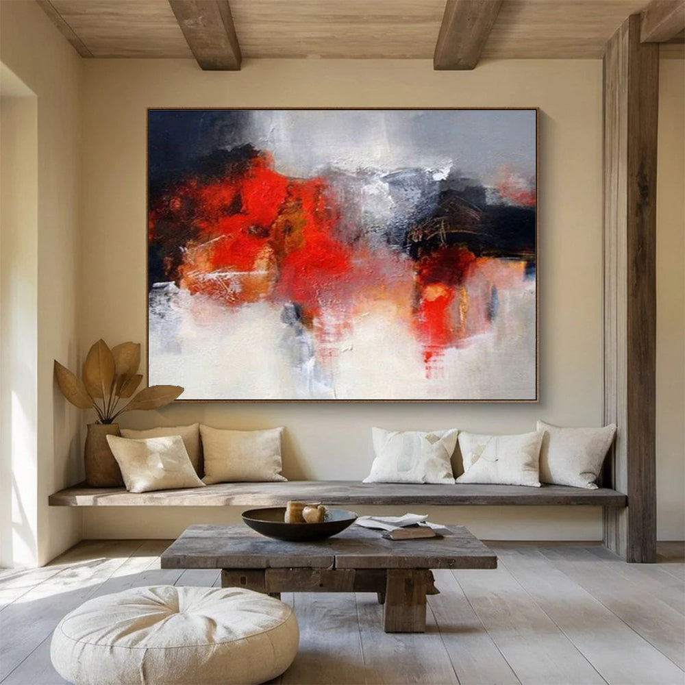 “Red & Gray Abstract” Abstract Action Painting On Canvas DKH430