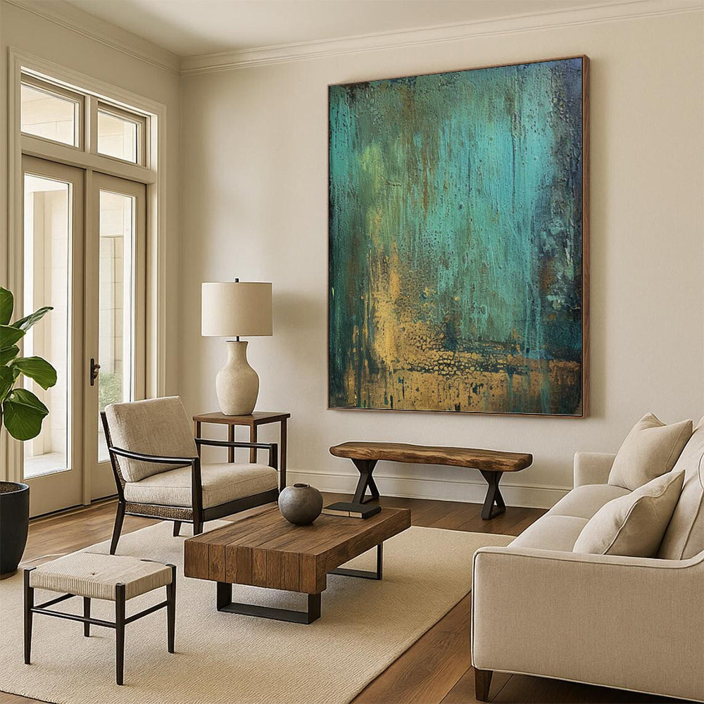 “Teal & Gold Rustic Textures” - Teal, Green, Brown & Gold Abstract Textured Painting On Canvas DKH1194