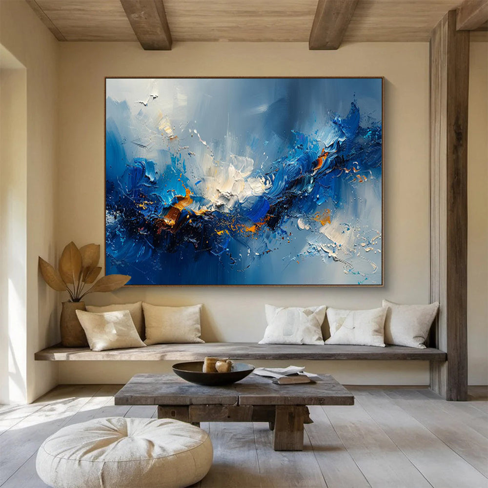 “Blue Surge” - Blue, White, Orange Abstract Action Painting On Canvas DKH704